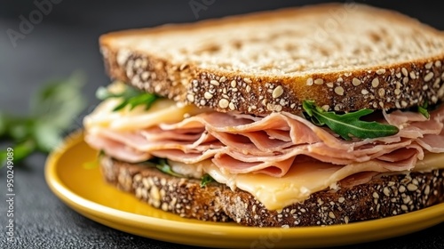 A delicious ham and cheese sandwich with fresh arugula served on a yellow plate, showcasing a wholesome and savory meal option ready to be enjoyed.