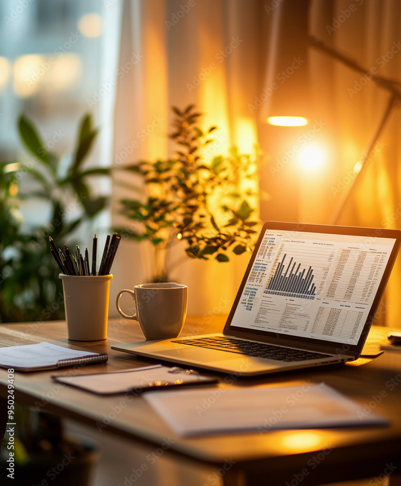 Fototapeta premium home office setup with a polished wooden desk, a sleek laptop displaying financial spreadsheets