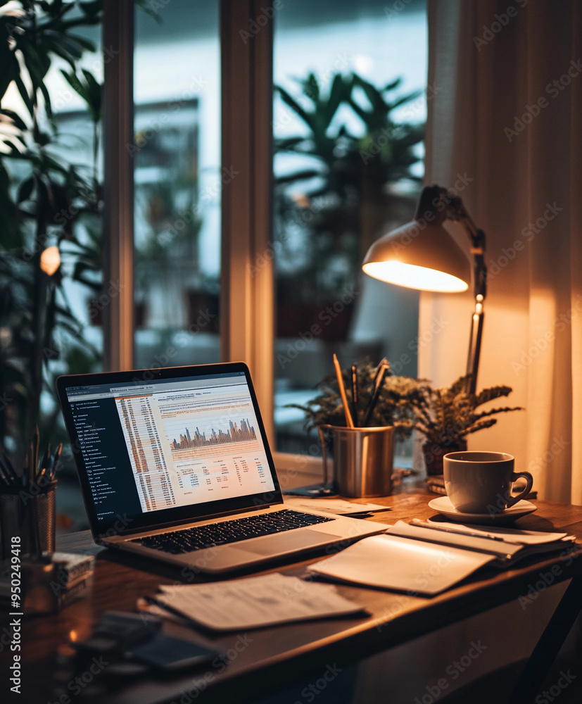 Fototapeta premium home office setup with a polished wooden desk, a sleek laptop displaying financial spreadsheets