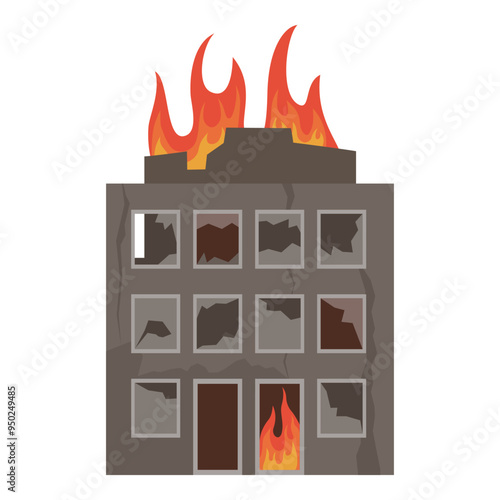 Destroyed damage residential bulding burning