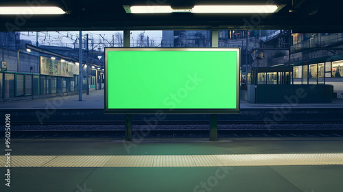 Signboard with green screen, mock-up for advertisement with white background [Generative AI] 広告用グリーンスクリーンのモックアップ