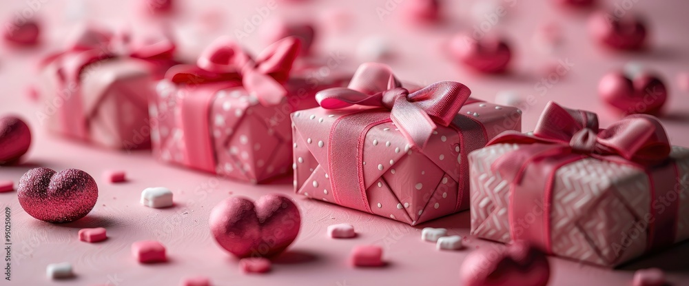 Pink Gift Boxes with Hearts and Confetti on Pink Background Pink Gift Boxes with Hearts and Confetti on Pink Background