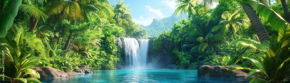 Lush tropical island with dense rainforest and a hidden waterfall, Tropical island vegetation, Nature adventure Lush tropical island with dense rainforest and a hidden waterfall, Tropical island vegetation, Nature adventure