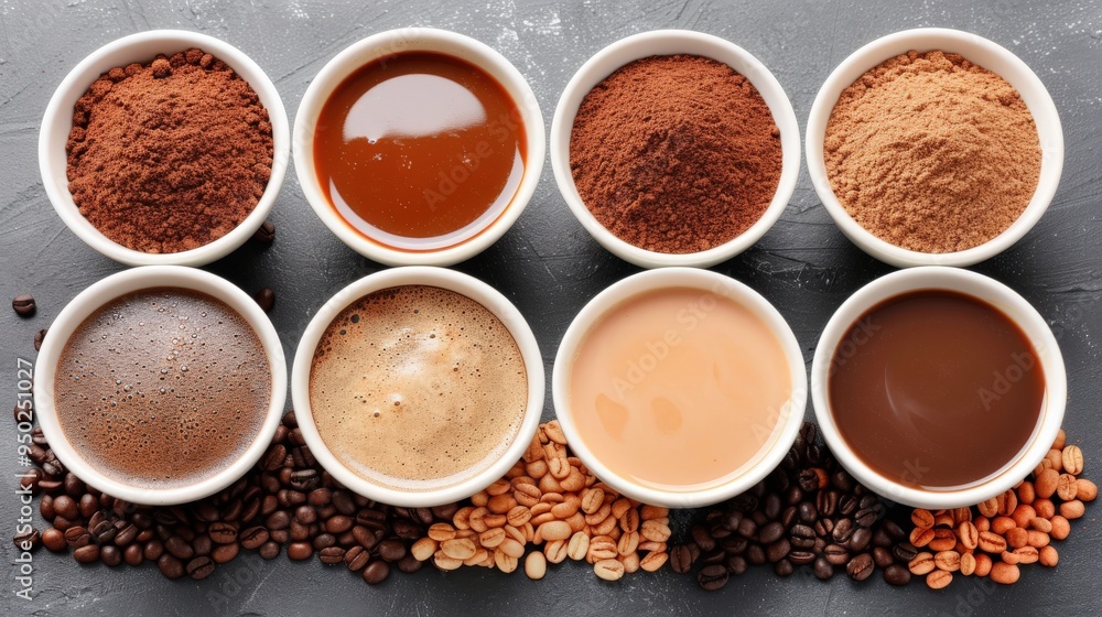 Variety coffee blends, powders displayed in white bowls on dark surface, selection includes ground coffee, cocoa powder, and brewed coffee, diverse flavors and textures used in cafes. Variety coffee blends, powders displayed in white bowls on dark surface, selection includes ground coffee, cocoa powder, and brewed coffee, diverse flavors and textures used in cafes.
