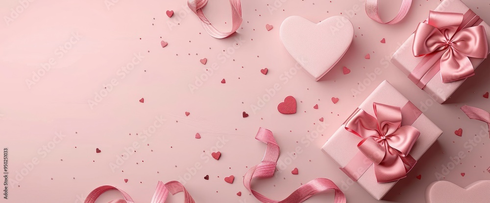Pink Valentine's Day Background with Gift Boxes and Ribbons Pink Valentine's Day Background with Gift Boxes and Ribbons