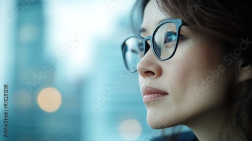 This image captures a close-up side profile of a woman wearing glasses, who appears to be deep in thought, contemplating or analyzing something important in view.