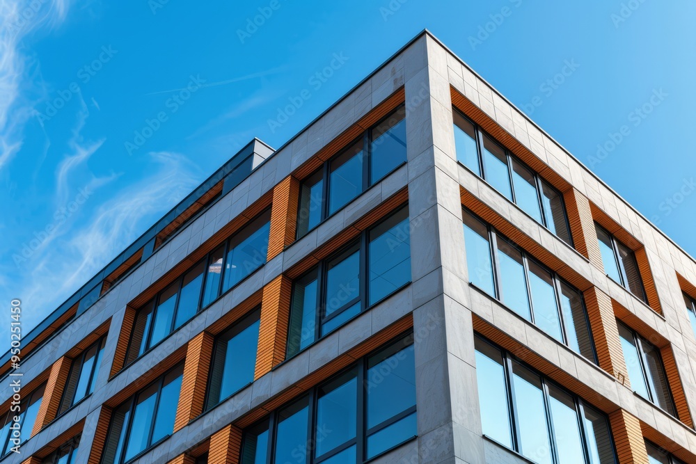 Architecture and site concept - close up of modern building construction part over blue sky Architecture and site concept - close up of modern building construction part over blue sky