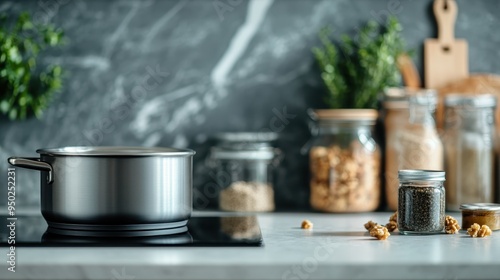 A stainless steel pot sits on a marble kitchen countertop surrounded by jars of grains and nuts, exemplifying a clean and modern kitchen environment. photo