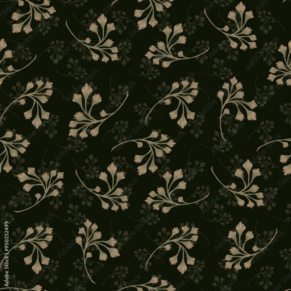 Elegant floral pattern design in muted tones on a dark background for fabric or wallpaper Elegant floral pattern design in muted tones on a dark background for fabric or wallpaper