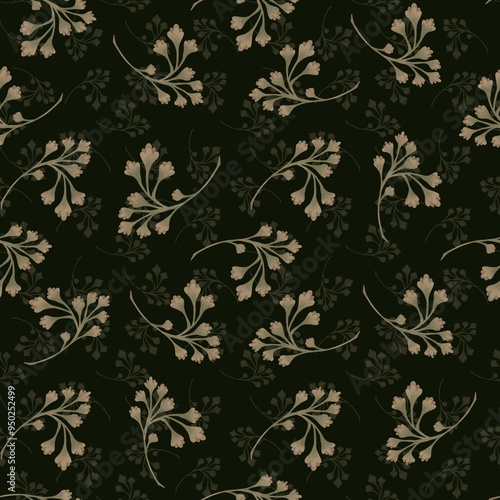 Elegant floral pattern design in muted tones on a dark background for fabric or wallpaper photo