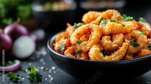 A bowl of perfectly golden fried calamari rings, garnished with fresh parsley and accompanied by a dark background to highlight the crispy texture of the seafood dish.