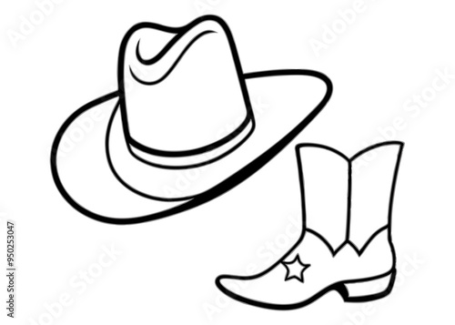 
Cowboy boots and western hat. Cowgirl hat and boots line art vector
