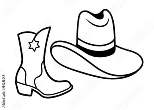 
Cowboy boots and western hat. Cowgirl hat and boots line art vector
