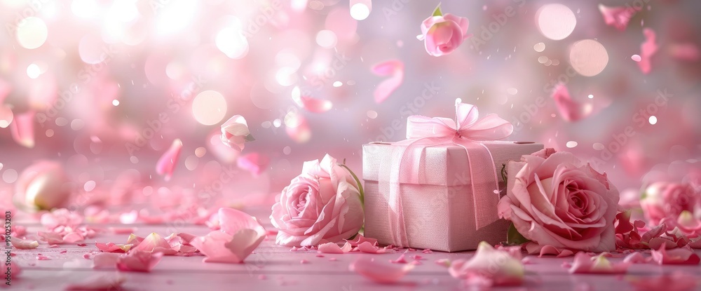 Gift Box with Roses and Petals in Romantic Setting Gift Box with Roses and Petals in Romantic Setting