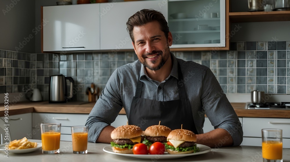 Un hombre disfruta de una jugosa hamburguesa, sentado en la mesa de su cocina. La luz cálida y el ambiente acogedor resaltan un momento cotidiano de satisfacción y simplicidad. Un hombre disfruta de una jugosa hamburguesa, sentado en la mesa de su cocina. La luz cálida y el ambiente acogedor resaltan un momento cotidiano de satisfacción y simplicidad.