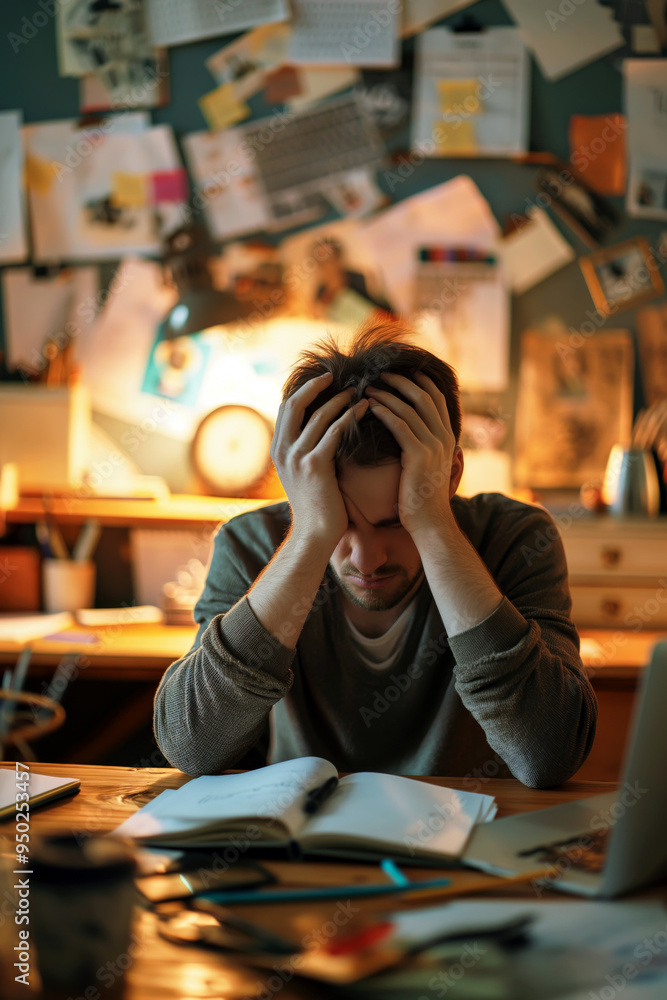 A person sitting at a desk, holding their head in pain, with a cluttered workspace in the background, symbolizing stress-induced headache. A person sitting at a desk, holding their head in pain, with a cluttered workspace in the background, symbolizing stress-induced headache.