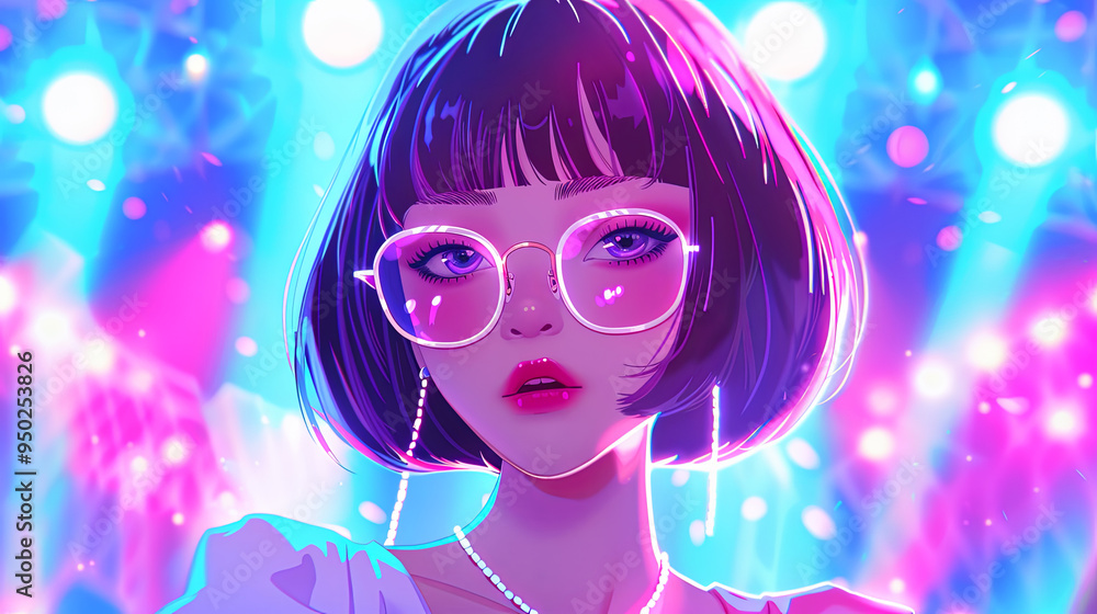 Stylish Anime Girl With Pink Glasses and Bob Hairstyle Posing at Neon Party Background Digital Art Illustration Stylish Anime Girl With Pink Glasses and Bob Hairstyle Posing at Neon Party Background Digital Art Illustration