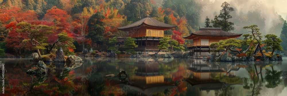 Obraz premium Tranquil Japanese landscape showcasing the dramatic change of leaf colors in the enchanting Koyo season
