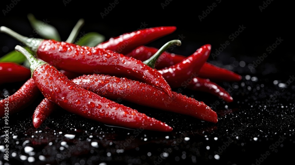 Bright red chili peppers covered with salt crystals lie on a dark black surface, emphasizing the intensity and freshness of the ingredients. Bright red chili peppers covered with salt crystals lie on a dark black surface, emphasizing the intensity and freshness of the ingredients.