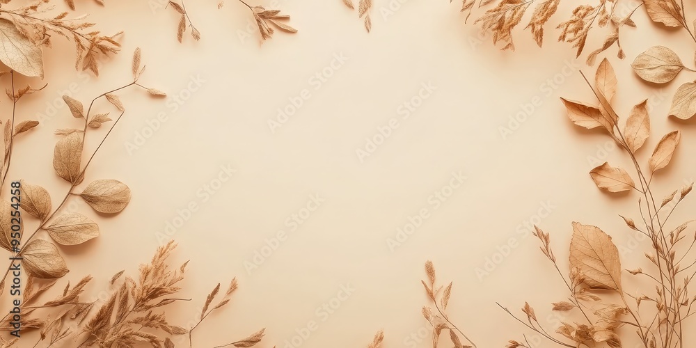 Dried leaves and plants arranged in a frame on a beige background. Dried leaves and plants arranged in a frame on a beige background.