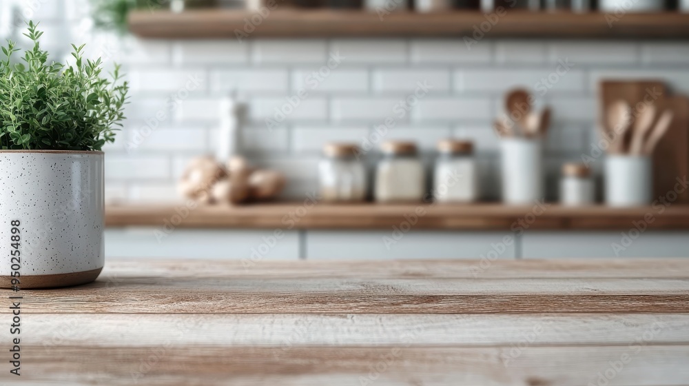A modern kitchen countertop featuring a potted plant under soft lighting, with kitchen utensils and containers in the background, creating a serene and stylish domestic scene. A modern kitchen countertop featuring a potted plant under soft lighting, with kitchen utensils and containers in the background, creating a serene and stylish domestic scene.
