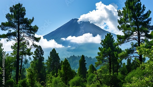 The towering volcano looks particularly magnificent against a blue sky background, surrounded by green trees and tranquil natural scenery.