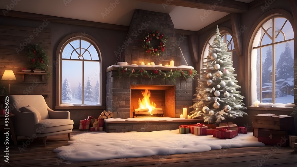 fireplace with snow and a Christmas tree 