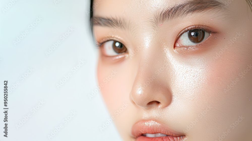 Close Up Beauty Portrait Of Young Asian Woman With Perfect Glowing Skin and Natural Makeup Looking At Camera On Light Blue Background, Skincare, Cosmetics And Wellness Concept. High Resolution Image. Close Up Beauty Portrait Of Young Asian Woman With Perfect Glowing Skin and Natural Makeup Looking At Camera On Light Blue Background, Skincare, Cosmetics And Wellness Concept. High Resolution Image.