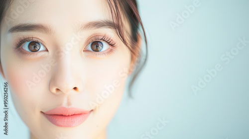 Beautiful Asian Woman Beauty Portrait Skincare Makeup Wellness Health Spa Cosmetology Youthfulness Glow Fresh Clean Skin Soft Natural Look Eyeshadow Eyeliner Mascara Brows Lips Perfect Face Model