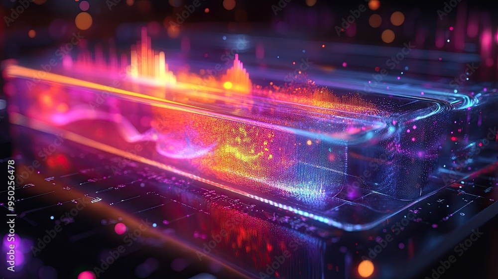 Obraz premium A transparent music player with a music visualization feature, displaying colorful patterns and shapes that react to the rhythm and melody of the song.