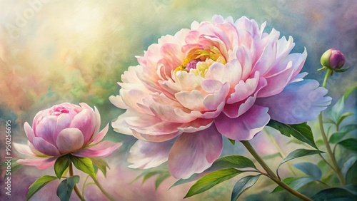 Elegant petals unfurl in a studio lightning close-up, delicate and soft, as a watercolor painting's gentle brushstrokes capture the essence of a rare wild peony.