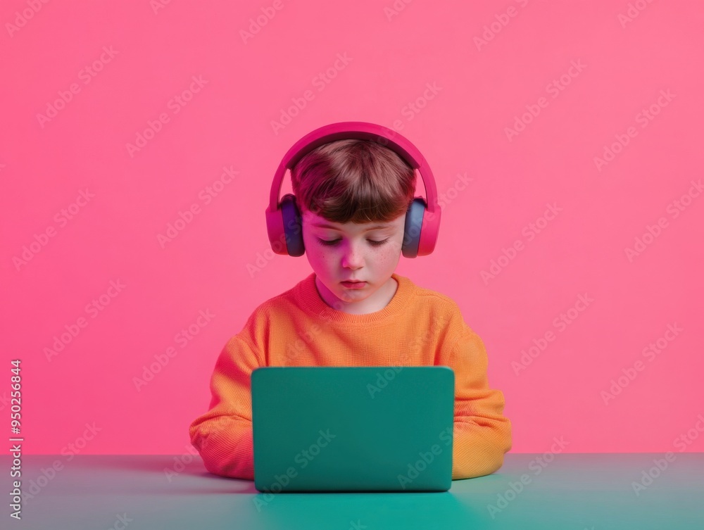 Child with autism, using assistive technology for learning, 3D illustration Child with autism, using assistive technology for learning, 3D illustration