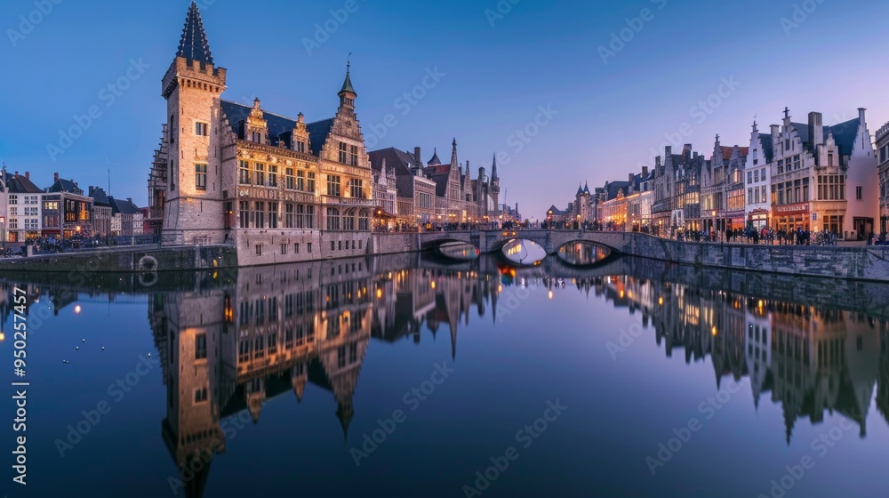 Beautiful twilight cityscape of Ghent. Captivating reflections in calm water reveal charming architecture. This image captures the magic of historic buildings and scenic bridges. AI Beautiful twilight cityscape of Ghent. Captivating reflections in calm water reveal charming architecture. This image captures the magic of historic buildings and scenic bridges. AI