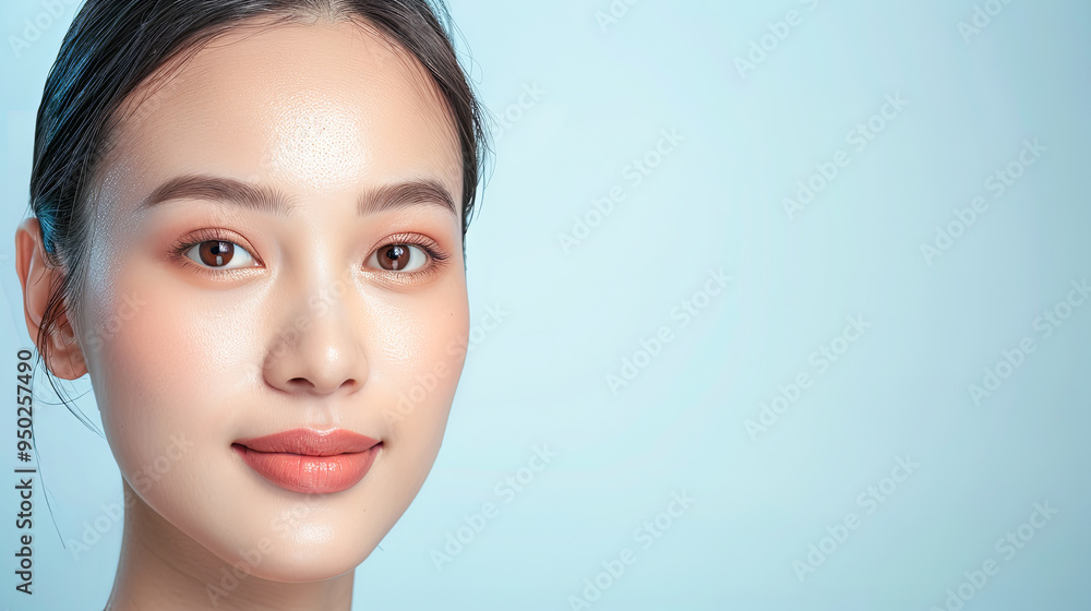Obraz premium Beautiful Asian Woman with Clean Fresh Skin on Blue Background, Beauty and Skincare Concept, Perfect Skin, Spa, Treatment, Copy Space, Cosmetology, Natural Makeup, Wellness, Health, Dermatology