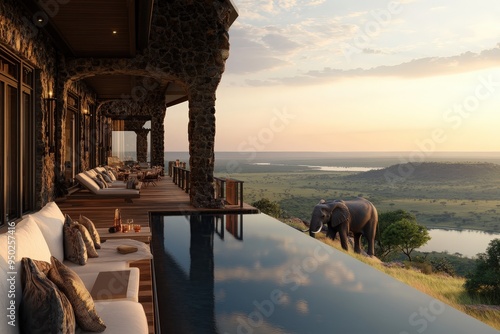 Luxurious safari lodge featuring an infinity pool with sweeping views of a serene landscape dotted with elephants, under a beautiful, gleaming sunset sky. photo