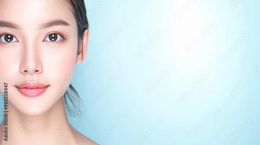 Beautiful Asian Woman with Clean Skin on Blue Background with Copy Space - Skincare, Beauty and Wellness Concept Beautiful Asian Woman with Clean Skin on Blue Background with Copy Space - Skincare, Beauty and Wellness Concept