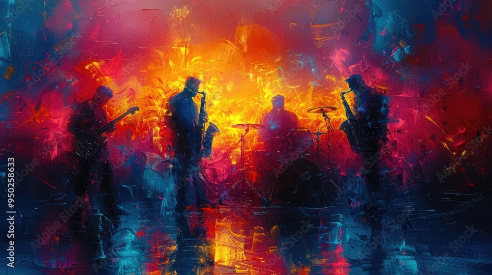 A jazz band is captured performing energetically against a backdrop of vivid, colorful, and abstract elements, illustrating the lively and intense mood of a live show. A jazz band is captured performing energetically against a backdrop of vivid, colorful, and abstract elements, illustrating the lively and intense mood of a live show.