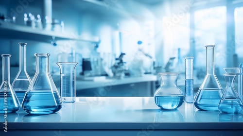 a scientific style workbench abstract background with beakers and petri dishes in a soft focus, the image has a slight light blue ambience to it, the image is quite minimalist 