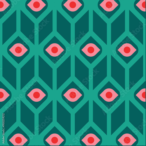Christmas Retro Pattern in Green, Pink, Red and Beige, xmas vector pattern design, 60s and 70s retro aesthetic style