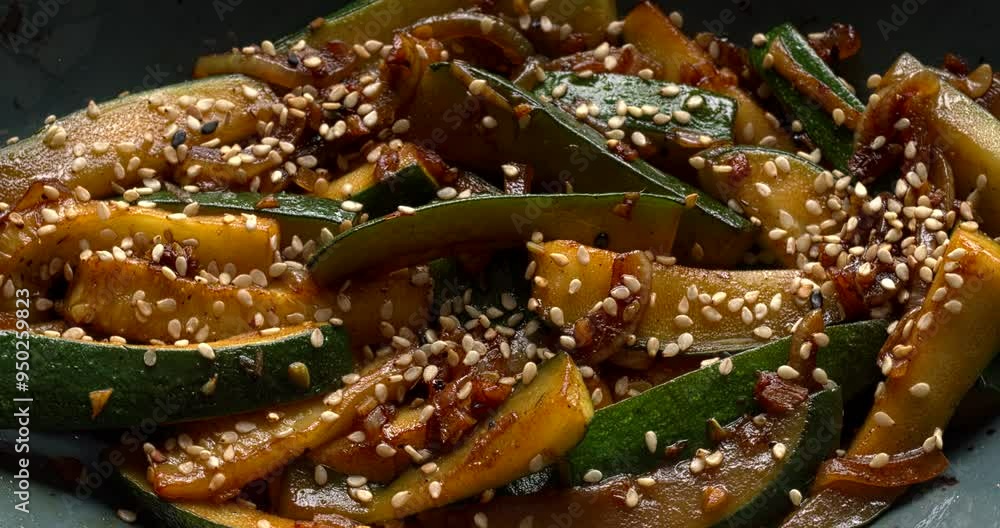 Homemade Japanese Hibachi Zucchini stir-fried with onion, garlic, ginger, and dark soy sauce sprinkled with sesame seeds. Table spin. Homemade Japanese Hibachi Zucchini stir-fried with onion, garlic, ginger, and dark soy sauce sprinkled with sesame seeds. Table spin.
