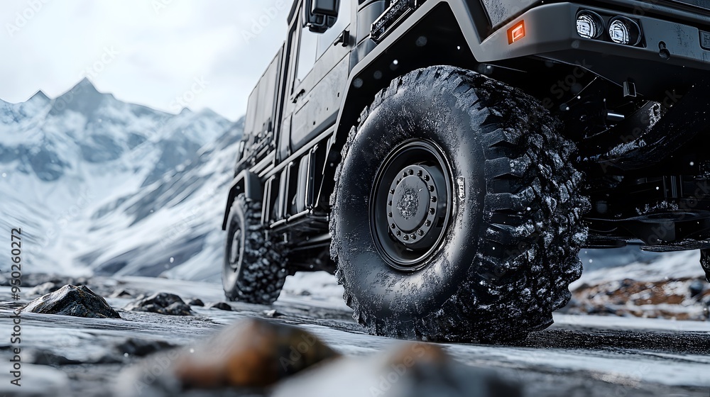 A black truck with large wheels is driving on the rocky mountain road, close-up of the tires and truck, cinematic shot, commercial photography, advertising poster style, winter background, high A black truck with large wheels is driving on the rocky mountain road, close-up of the tires and truck, cinematic shot, commercial photography, advertising poster style, winter background, high