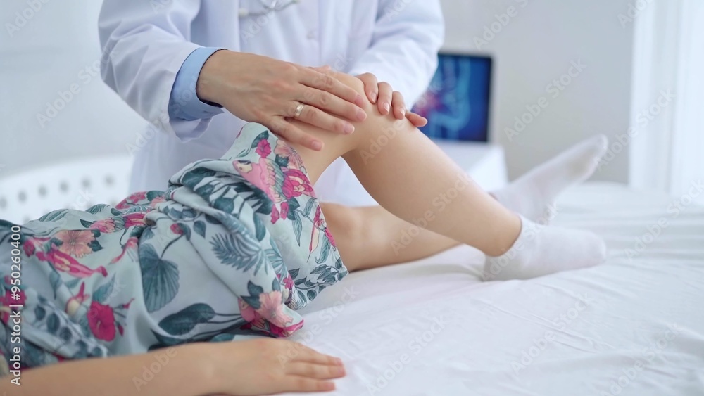 Doctor and kid patient. Orthopedist examining girl's knee in medical clinic. Medicine and health care Doctor and kid patient. Orthopedist examining girl's knee in medical clinic. Medicine and health care