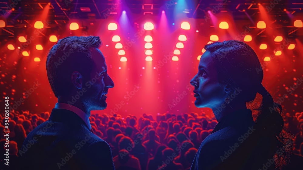 Two individuals are engaged in a meaningful conversation under a setting of vibrant, colorful stage lights, symbolizing connection, communication, and intimacy. Two individuals are engaged in a meaningful conversation under a setting of vibrant, colorful stage lights, symbolizing connection, communication, and intimacy.