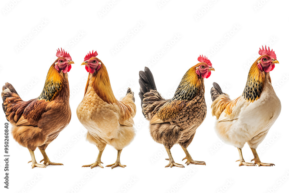 Fototapeta premium Different chickens on a transparent background, showcasing raw and cooked pieces..