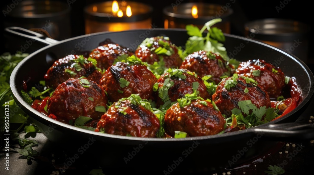 Sizzling meatballs cooking on a cast iron skillet with herbs and spices, Sizzling meatballs cooking on a cast iron skillet with herbs and spices,