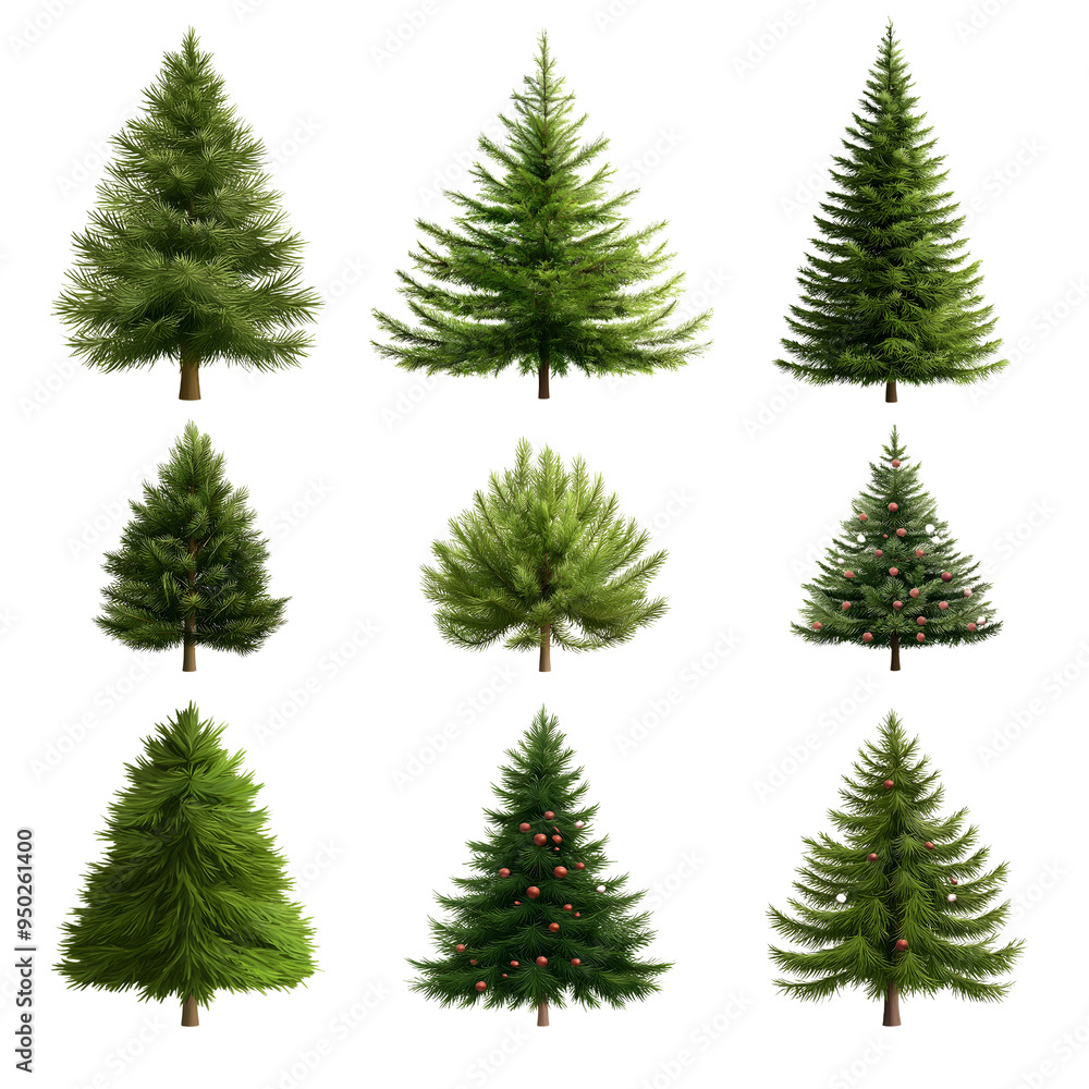 A set of Christmas trees isolated on a transparent background, featuring different sizes and decorations.. A set of Christmas trees isolated on a transparent background, featuring different sizes and decorations..
