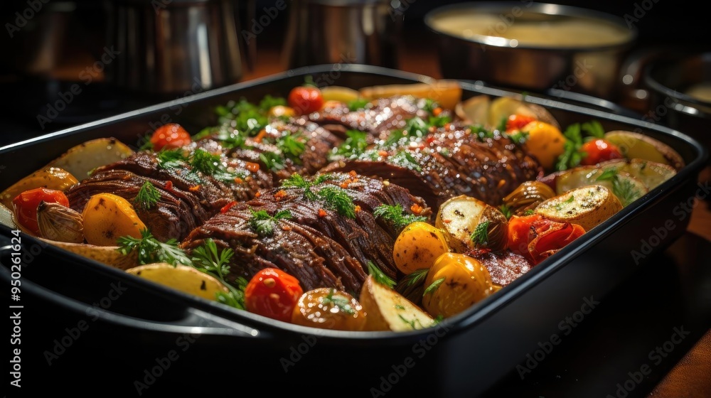 A delicious looking stew in a casserole dish, ready for the oven. A delicious looking stew in a casserole dish, ready for the oven.