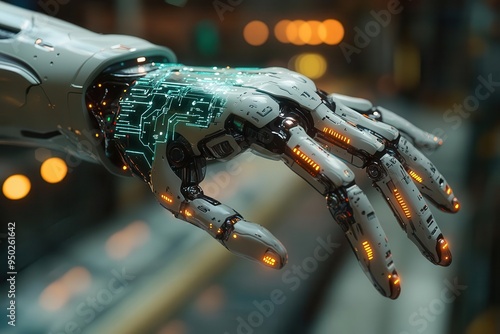 futuristic robotic arm interacting with a holographic interface glowing circuit patterns and data streams flow around the sleek mechanical appendage in a hightech environment