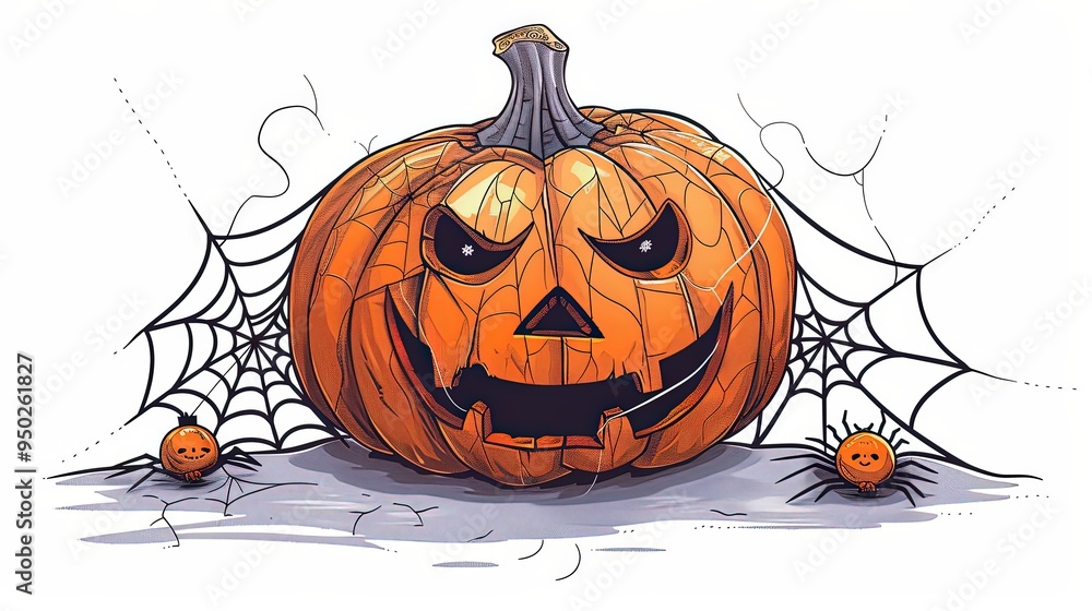 a jackolantern with spider web carvings, Halloween ornament, cartoon style, a jackolantern with spider web carvings, Halloween ornament, cartoon style,