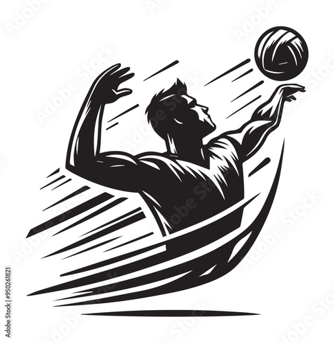 a vector logo featuring the outline of a man performing a jump serve in volleyball.